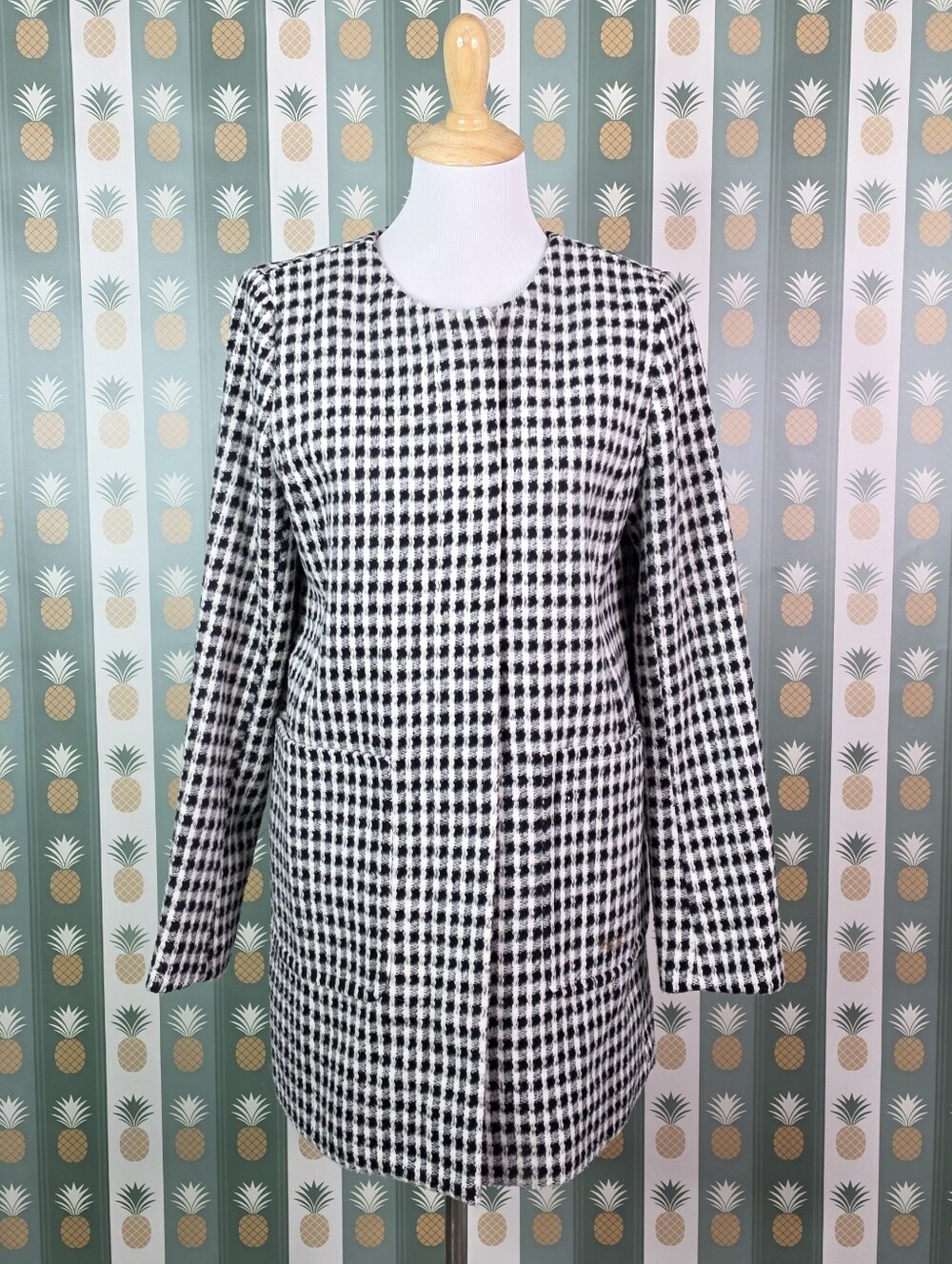 Loft Classic Black & White Plaid Long Coat